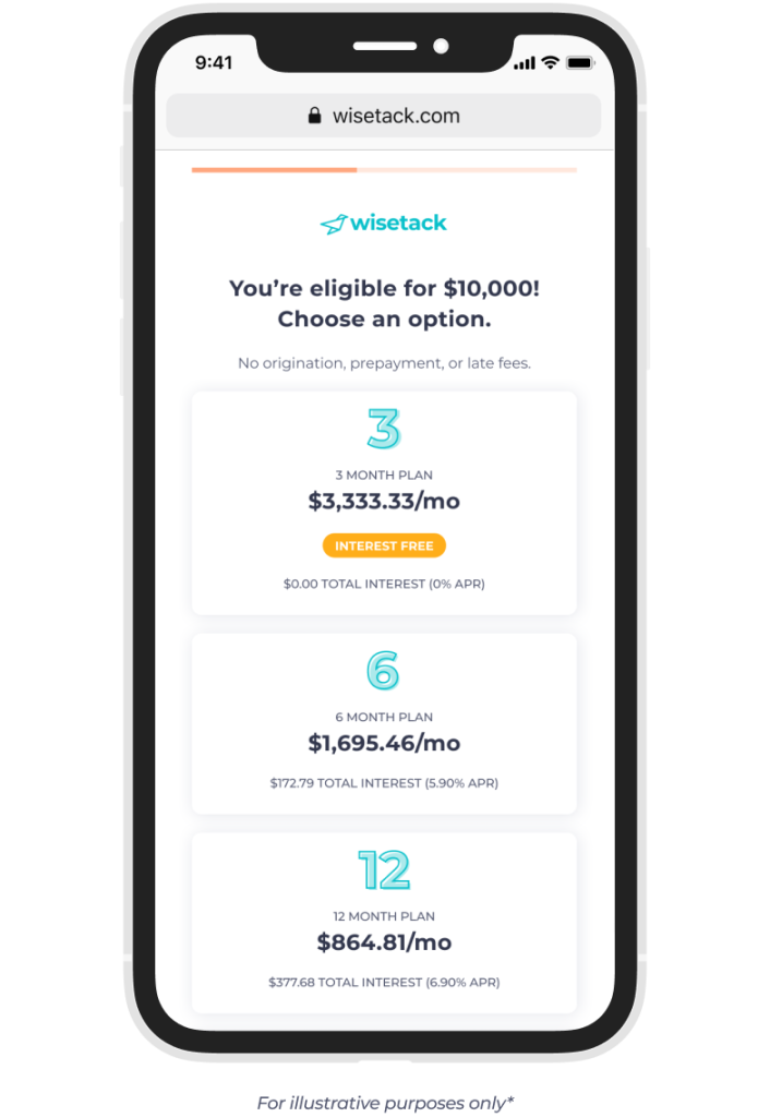 A smart phone screen showing Wisetack financing options