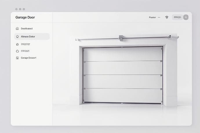 Interactive online platform for designing a custom garage door, featuring menu options and a visual preview of a partially open door, allowing homeowners and businesses to explore styles, materials, and finishes before installation