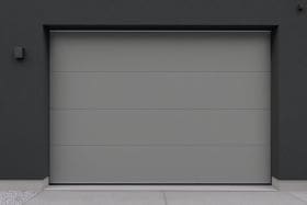 Contemporary light gray garage door with four horizontal panels set against a dark exterior wall, emphasizing contrast and modern architectural style for residential or commercial buildings