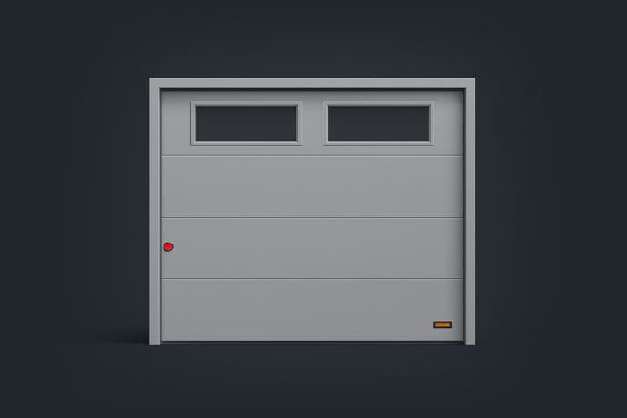 Minimalist gray garage door with two rectangular windows at the top, highlighted by subtle indicator lights, showcasing a sleek and modern design suitable for residential or commercial properties