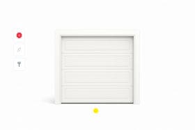 White four‑panel garage door displayed against a clean background with vertical icons for security, customization, and access control, representing modern garage door features and smart functionality