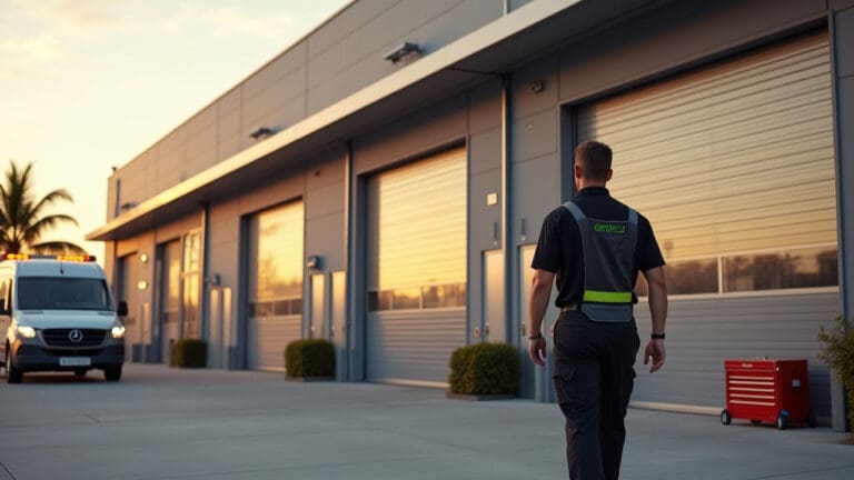Certified technician walking toward industrial garage doors with service van and red toolbox at sunset