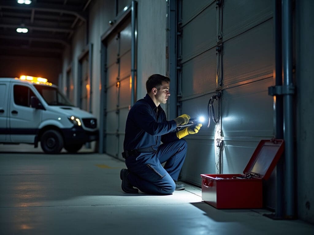 Commercial garage door emergency repair technician working at night with tools and equipment during an urgent service call.
