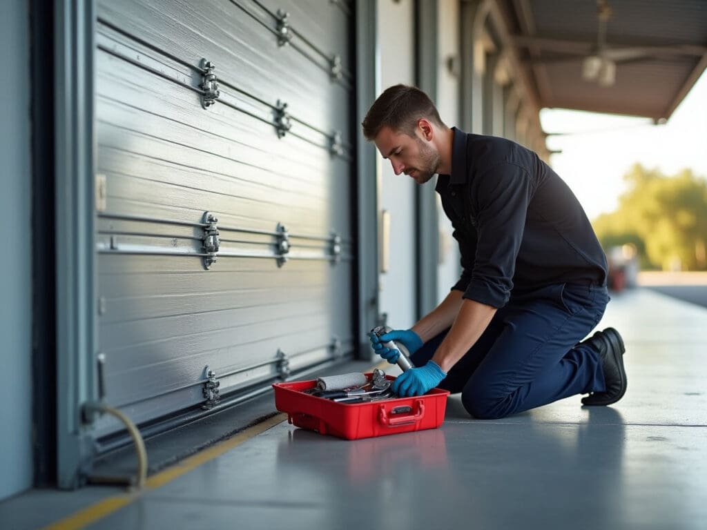 Technician kneeling in front of closed industrial garage door performing maintenance with red toolbox and tools