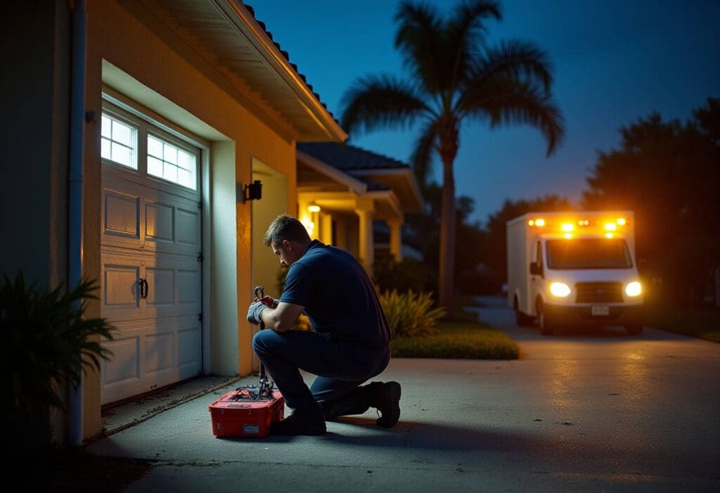 Technician performing emergency garage door repair at night with red toolbox and service van flashing lights in Florida residential neighborhood