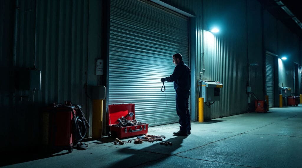 Technician performing emergency garage door repair at night with tools and red toolbox outside industrial facility