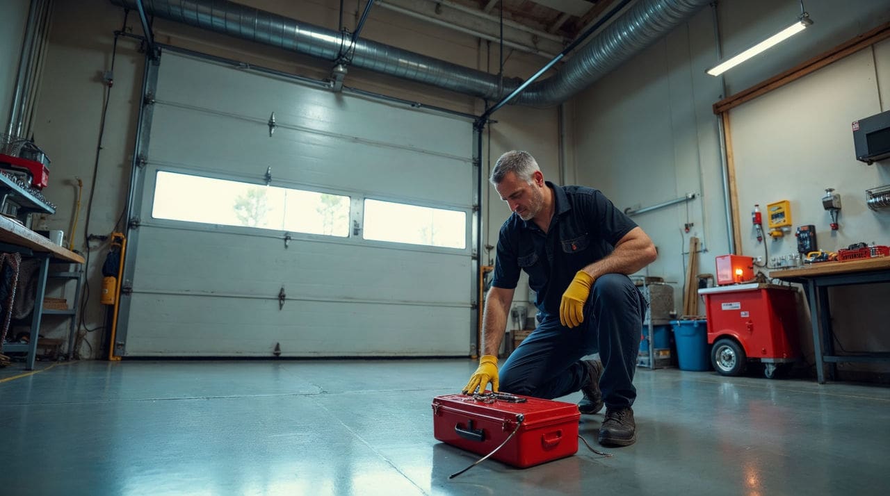 Technician kneeling in industrial workshop with red toolbox and yellow gloves during garage door emergency repair