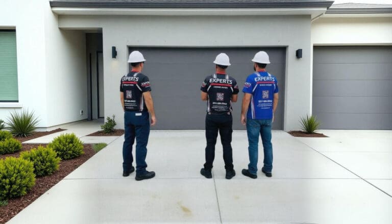 Technicians wearing Garage Door Experts uniforms inspecting modern residential garage door on landscaped driveway