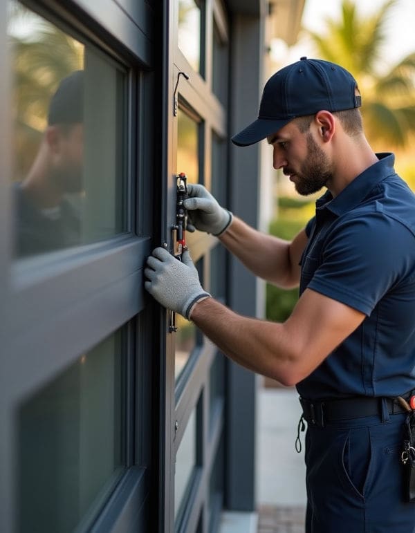 Technician installing garage door mechanism on modern glass-paneled door in Florida residential setting