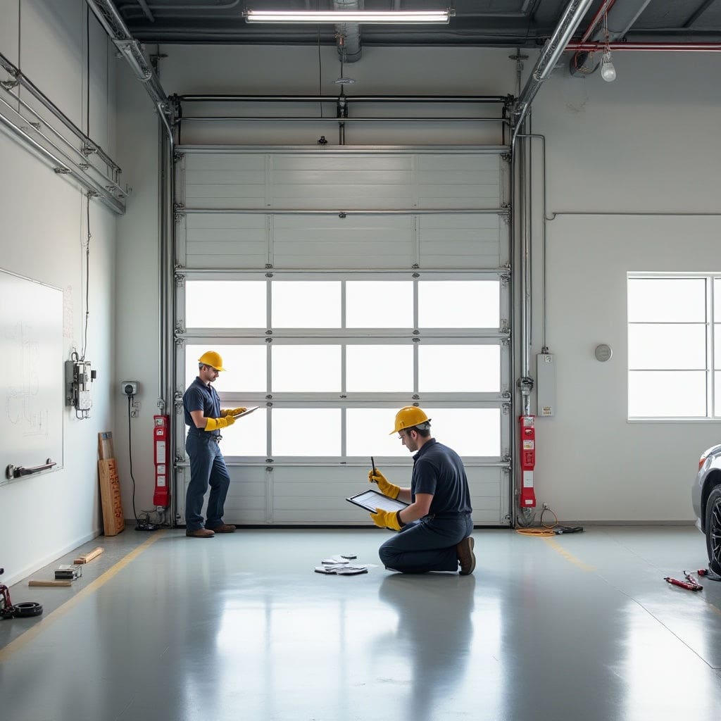 Technicians inspecting garage door installation in commercial workshop using clipboard and tablet with tools nearby