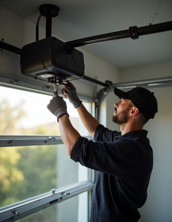 Technician repairing garage door opener motor mounted on ceiling inside Florida residential garage with track system