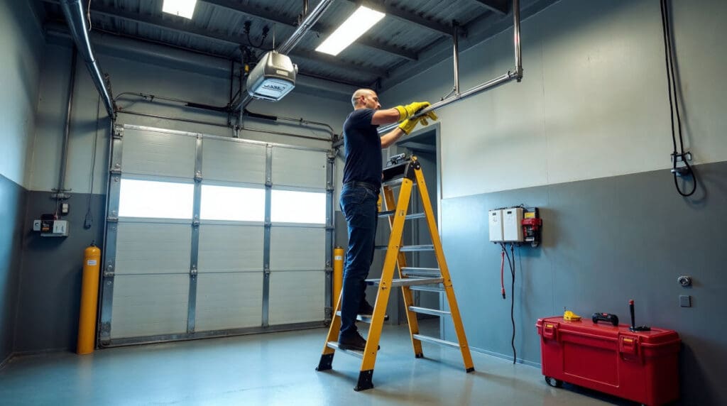 Technician on ladder inspecting garage door opener system in industrial workshop with tools and red toolbox nearby