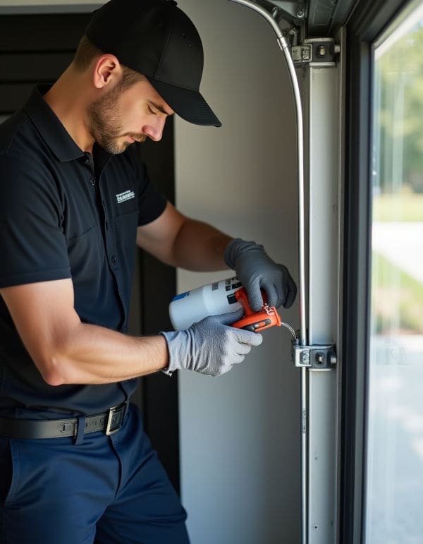 Technician applying lubricant to garage door hinge and track during preventive maintenance at Florida home