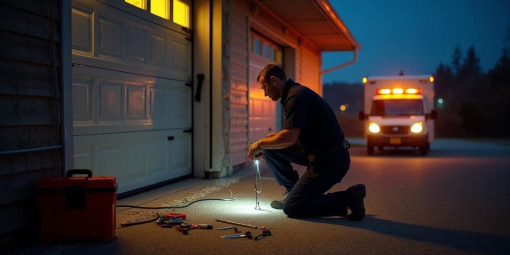Technician performing nighttime emergency garage door repair with tools and flashing service vehicle in Florida neighborhood