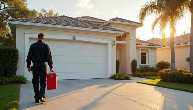 Technician arriving at Florida home with red toolbox to service modern white residential garage door at sunset