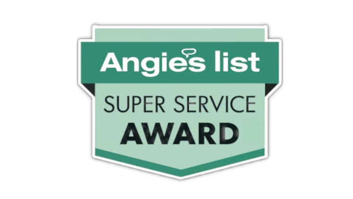 Angie's List Super Service Award badge in green and white, honoring top-rated garage door customer service