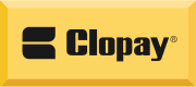 Clopay® logo with bold black lettering on yellow gradient background, representing premium garage door brand