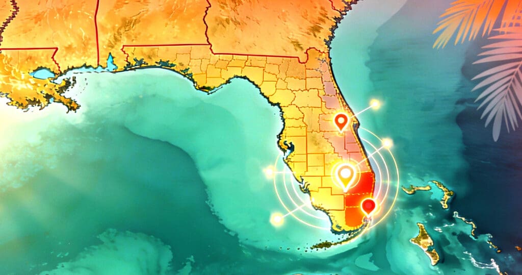 Stylized map of Florida with glowing service area markers near Miami, Kissimmee and Orlando tropical palm theme, and coastal focus