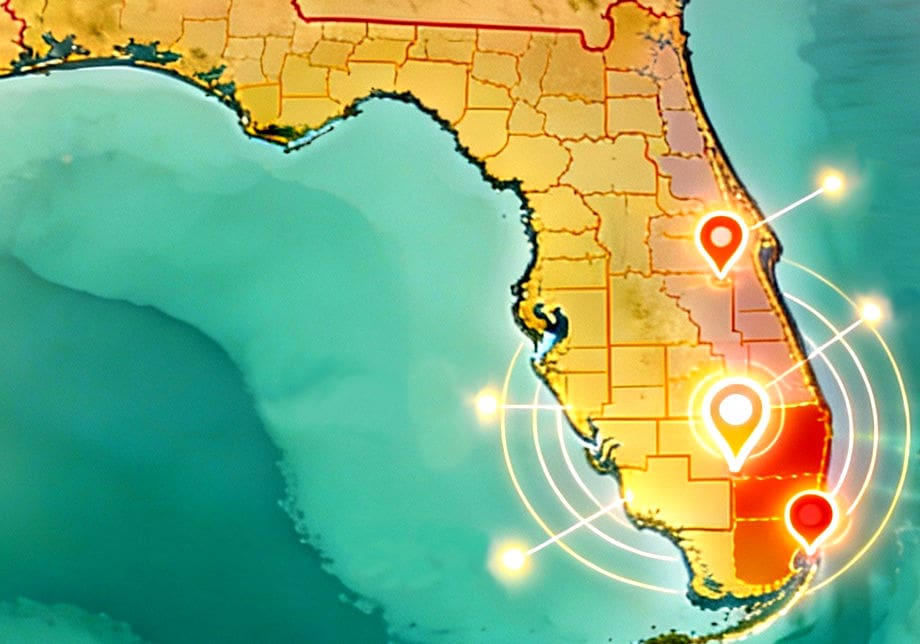 Stylized Florida map with illuminated service area markers for Miami, Kissimmee, and Orlando, featuring a tropical palm and coastal design theme
