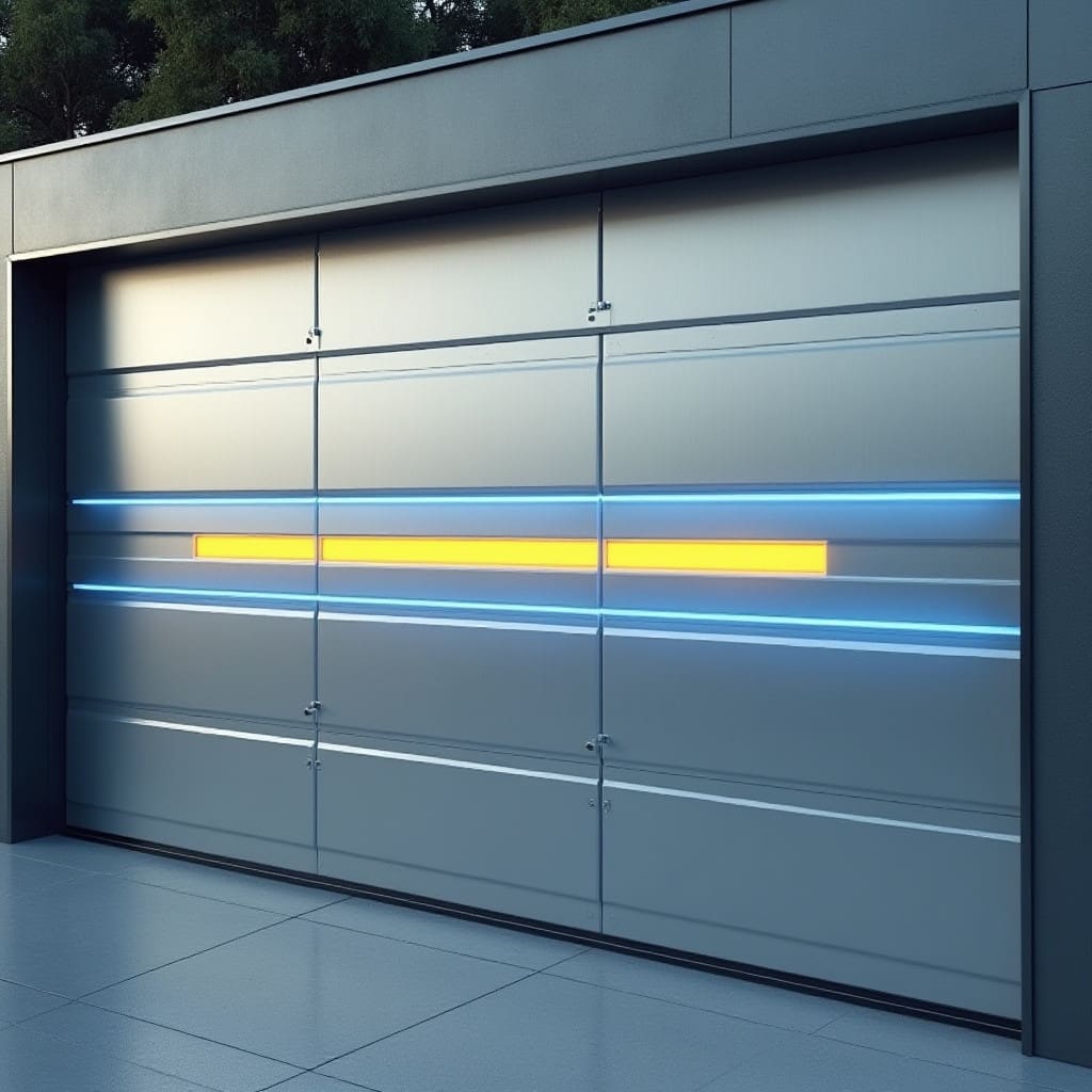Modern metallic garage door with horizontal panels and vibrant LED lighting in high-end residential setting