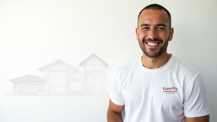 Smiling garage door expert in white t-shirt standing in front of stylized architectural illustrations of buildings and vehicles