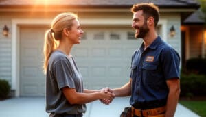 Technician in uniform shaking hands with homeowner in front of suburban garage after completing service