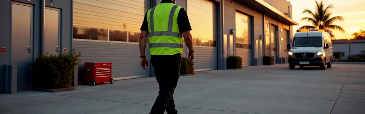 Garage door service van with flashing lights and technician in high-visibility vest outside industrial building at sunset