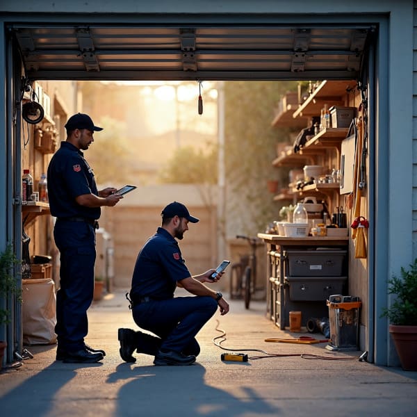 Two uniformed technicians performing safety inspection in organized garage with tools and sunlight streaming in