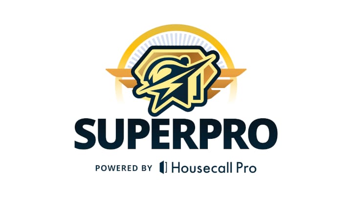 Housecall Pro Superpro badge featuring superhero emblem and logo, recognizing top garage door professionals