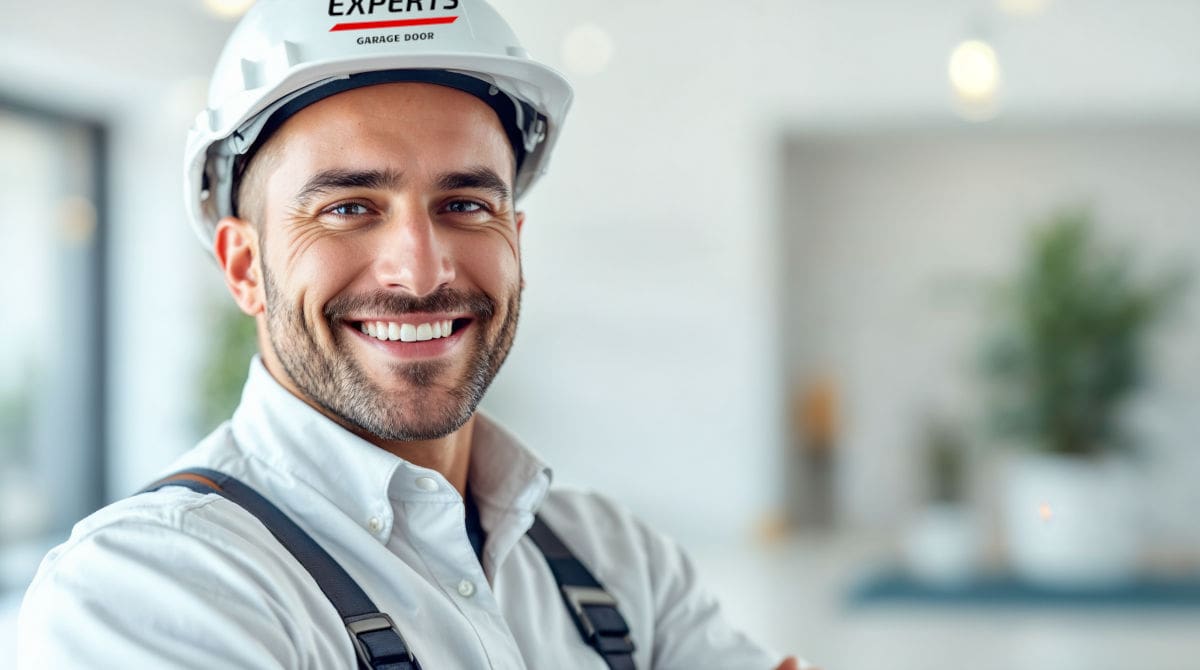 Smiling garage door expert wearing a white safety helmet in a modern indoor office environment