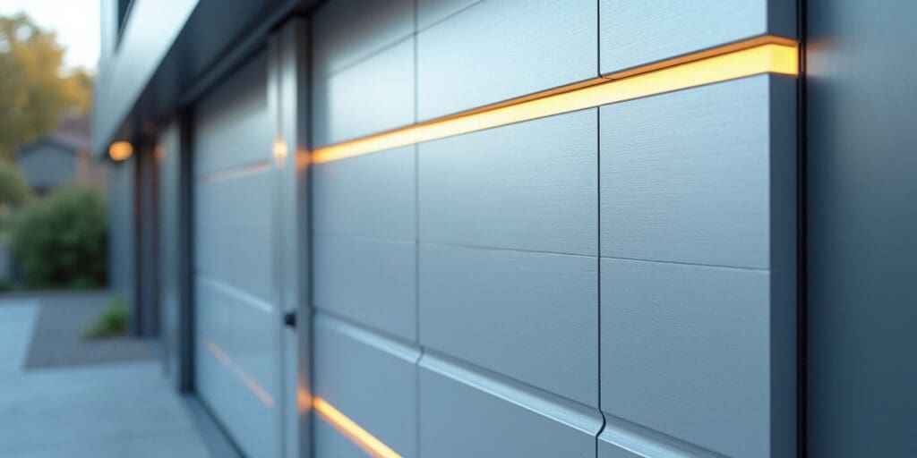 Close-up of modern garage door with horizontal panels and illuminated orange light strip in sleek metallic finish