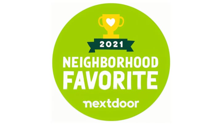Nextdoor Neighborhood Favorite 2021 badge with trophy icon, recognizing trusted local garage door service