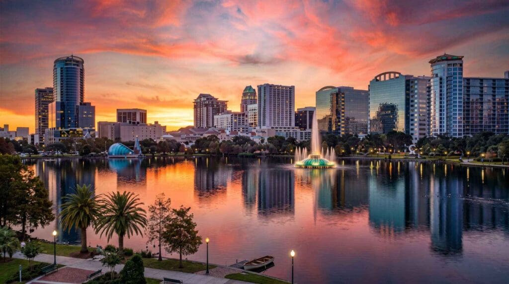 Downtown Orlando skyline at sunset with the illuminated Lake Eola fountain reflecting on the calm water.