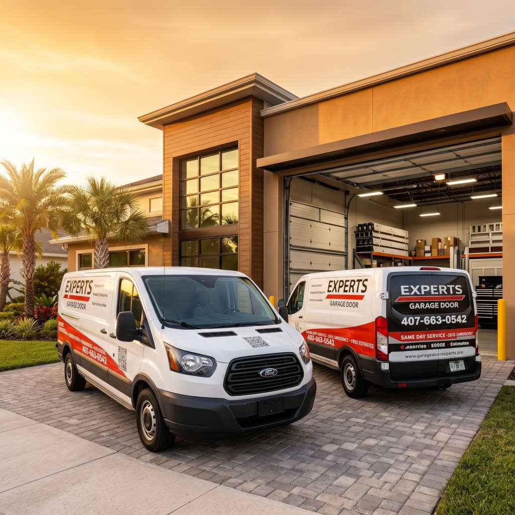 Two Garage Door Experts service vans parked outside a commercial building at sunset, with branded graphics and warm lighting highlighting a professional, trustworthy service atmosphere.