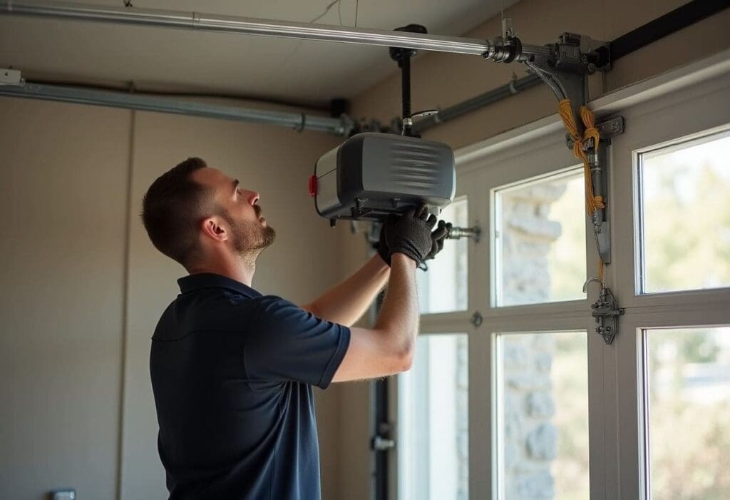 Technician adjusting a ceiling‑mounted garage door opener motor with tools inside a well‑lit residential garage.