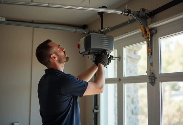 Technician adjusting a ceiling‑mounted garage door opener motor with tools inside a well‑lit residential garage.