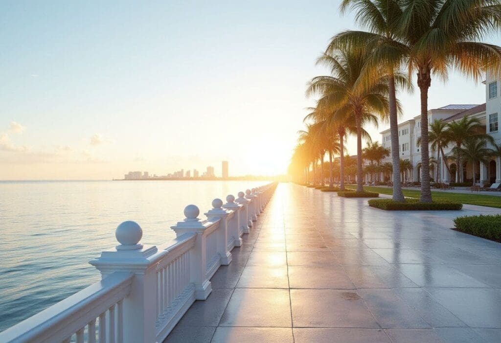 Scenic Tampa Bayshore Boulevard waterfront promenade at sunrise with palm trees, elegant buildings, calm water, and a distant modern city skyline.