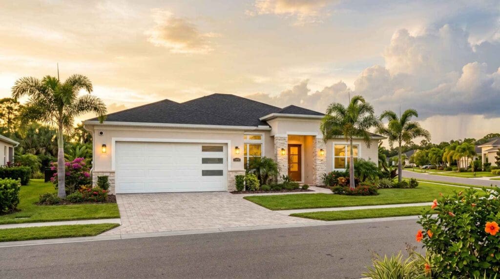 Modern St. Cloud FL home with tropical landscaping, clean driveway, and a contemporary paneled garage door in warm afternoon light, reflecting local garage door repair needs.