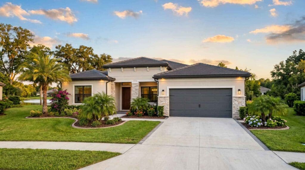 Modern single‑story Oviedo FL home with a stone‑accented entrance, tropical landscaping, and a clean two‑car garage at sunset, supporting local garage door repair relevance.