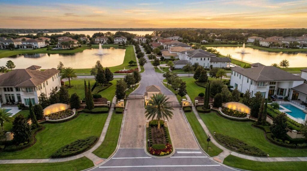Aerial view of a Windermere gated community entrance with landscaped palms, lakes, and luxury homes, used to represent trusted garage door repair Windermere FL services.