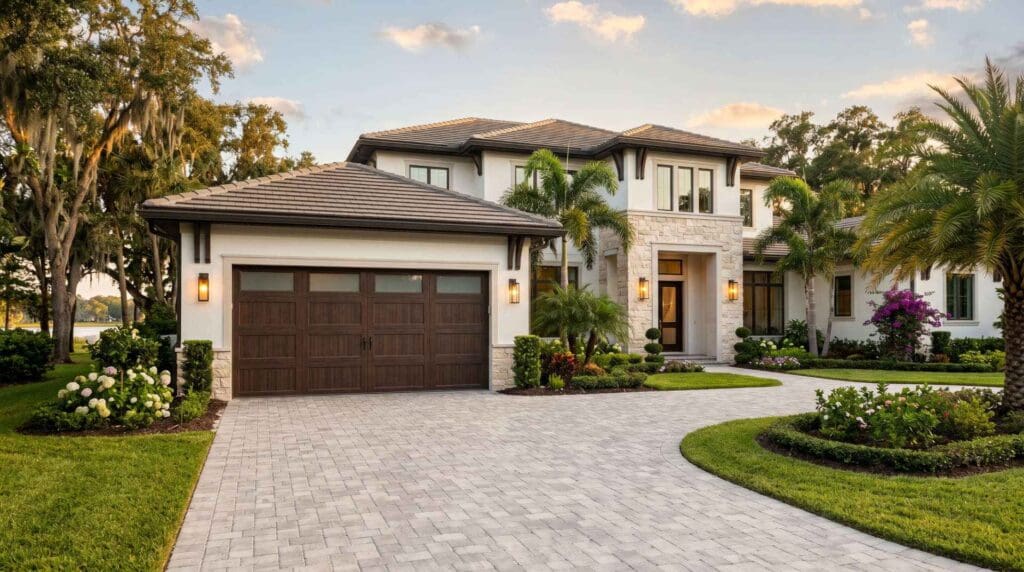 Luxury two‑story Windermere FL home with stone accents, tropical landscaping, and dark wooden double garage doors at sunset, reflecting local garage door repair needs.